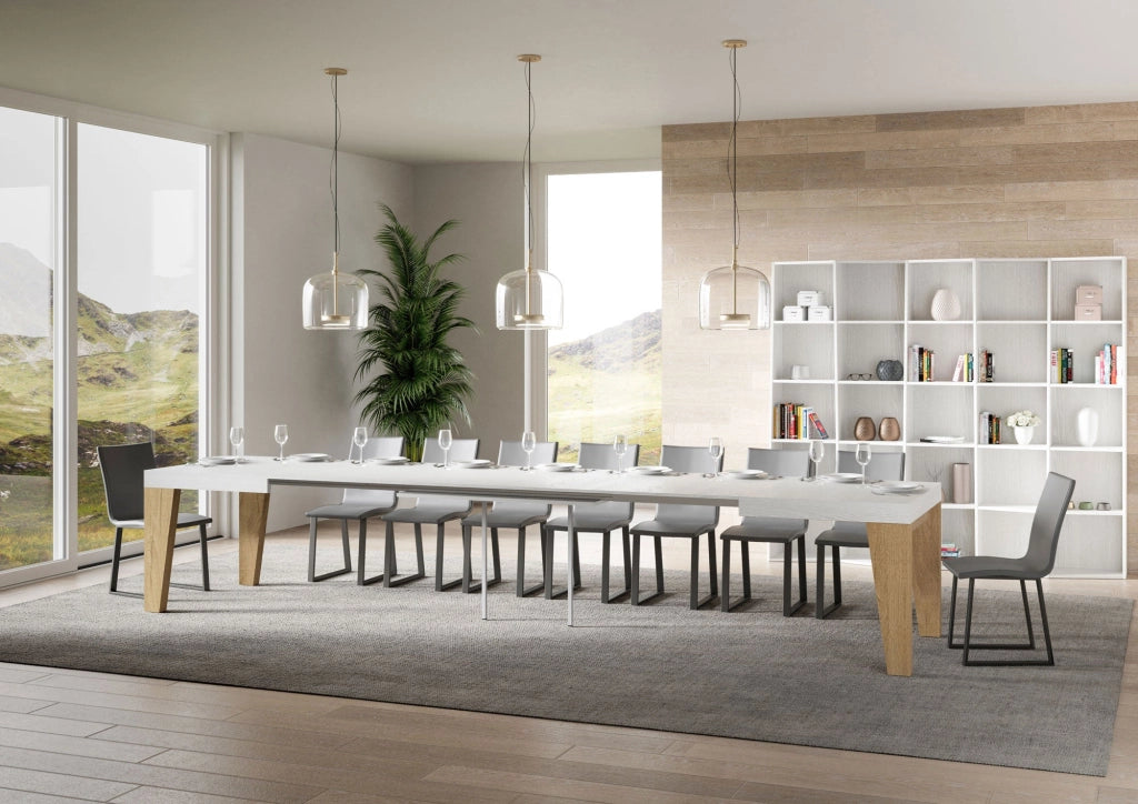 Tavolo Allungabile 160/420x90x77 cm Naxy Mix piano Bianco Frassino gambe Quercia Natura