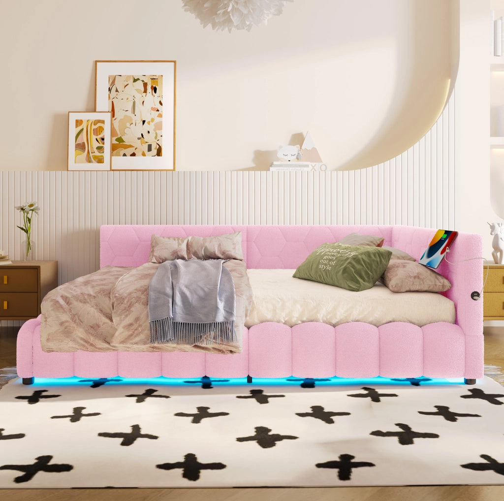 Letto daybed 140x200 cm con contenitore; LED; USB e Type-C; rosa
