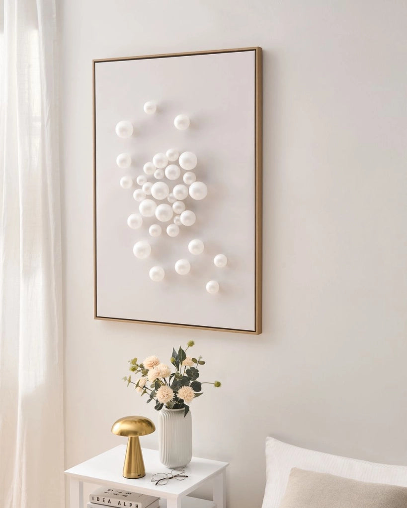 Decorazione da parete pallina tridimensionale bianca realizzata a mano con materiali sintetici cornice in legno di pino, per il soggiorno