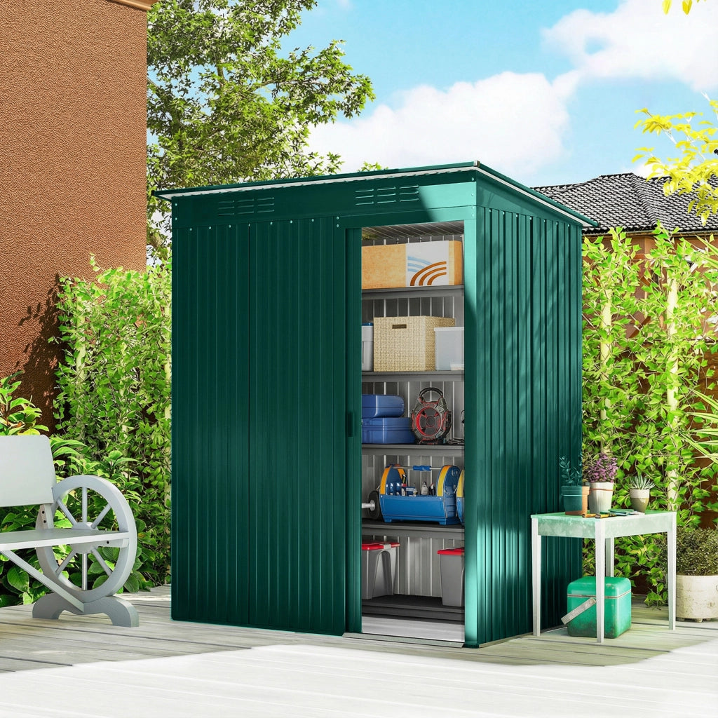 Casetta da Giardino in Metallo con Prese d'Aria e Porta Scorrevole, 159x106x181 cm, Verde