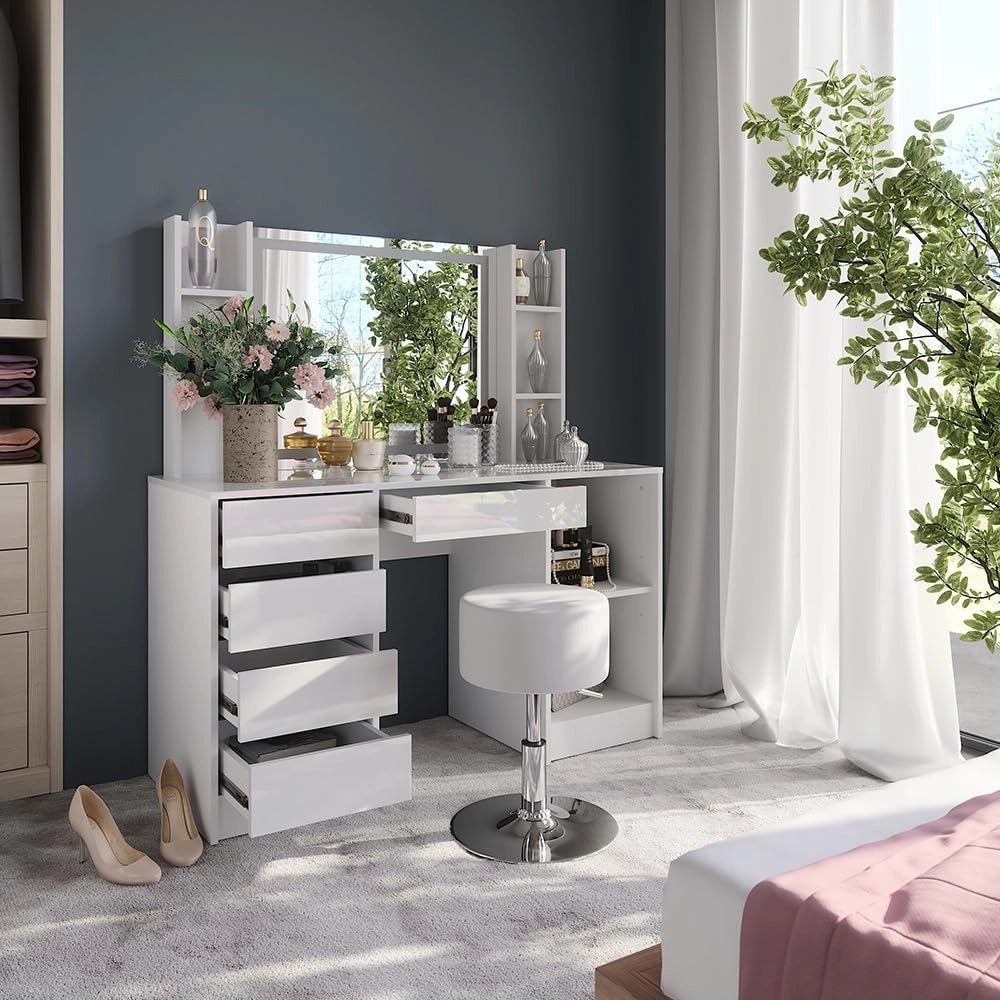 Tavolo da toeletta Sherry, Bianco/bianco lucido, 128.2 cm 5 parti