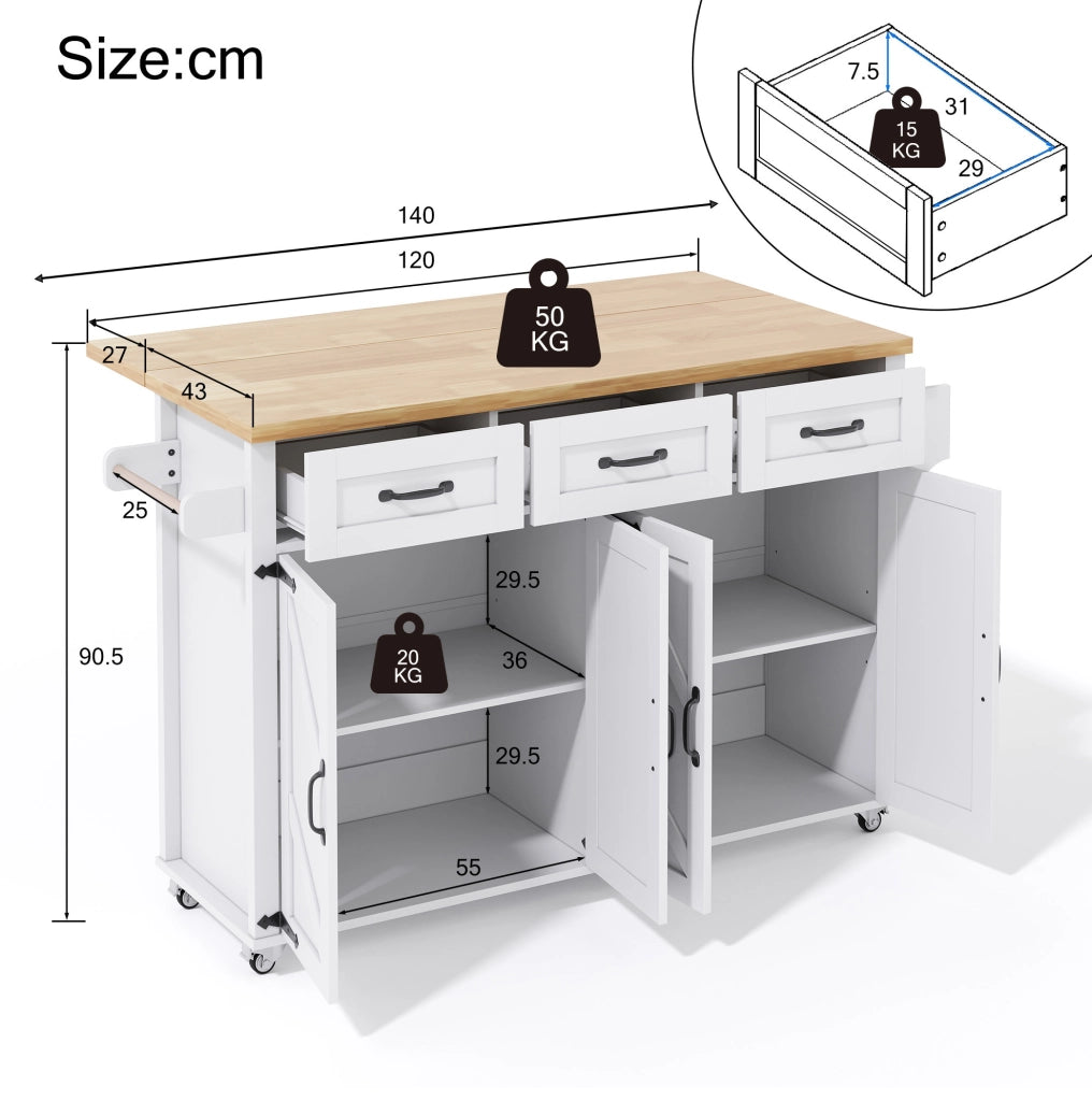 Isola da cucina mobile con piano ribaltabile, bianco e naturale