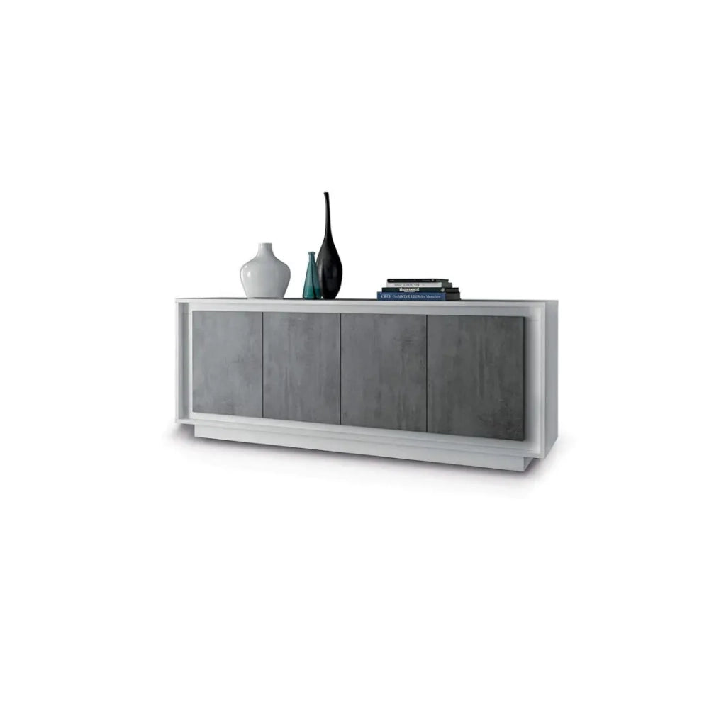 Credenza 4 porte in legno, collezione FALL, colore bianco lucido laccato e grigio effetto cemento.