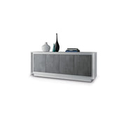 Credenza 4 porte in legno, collezione FALL, colore bianco lucido laccato e grigio effetto cemento.