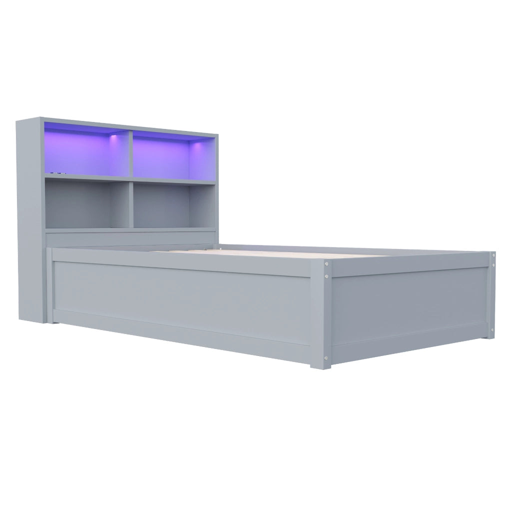 Letto multifunzione 90x200 cm grigio in legno con LED; presa integrata e 4 vani contenitore