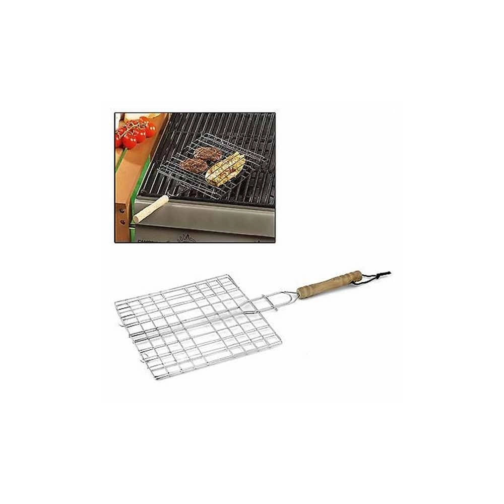 Trade Shop - Graticola Griglia Quadrata In Metallo 20x20cm Con Manico In Legno Per Barbecue -
