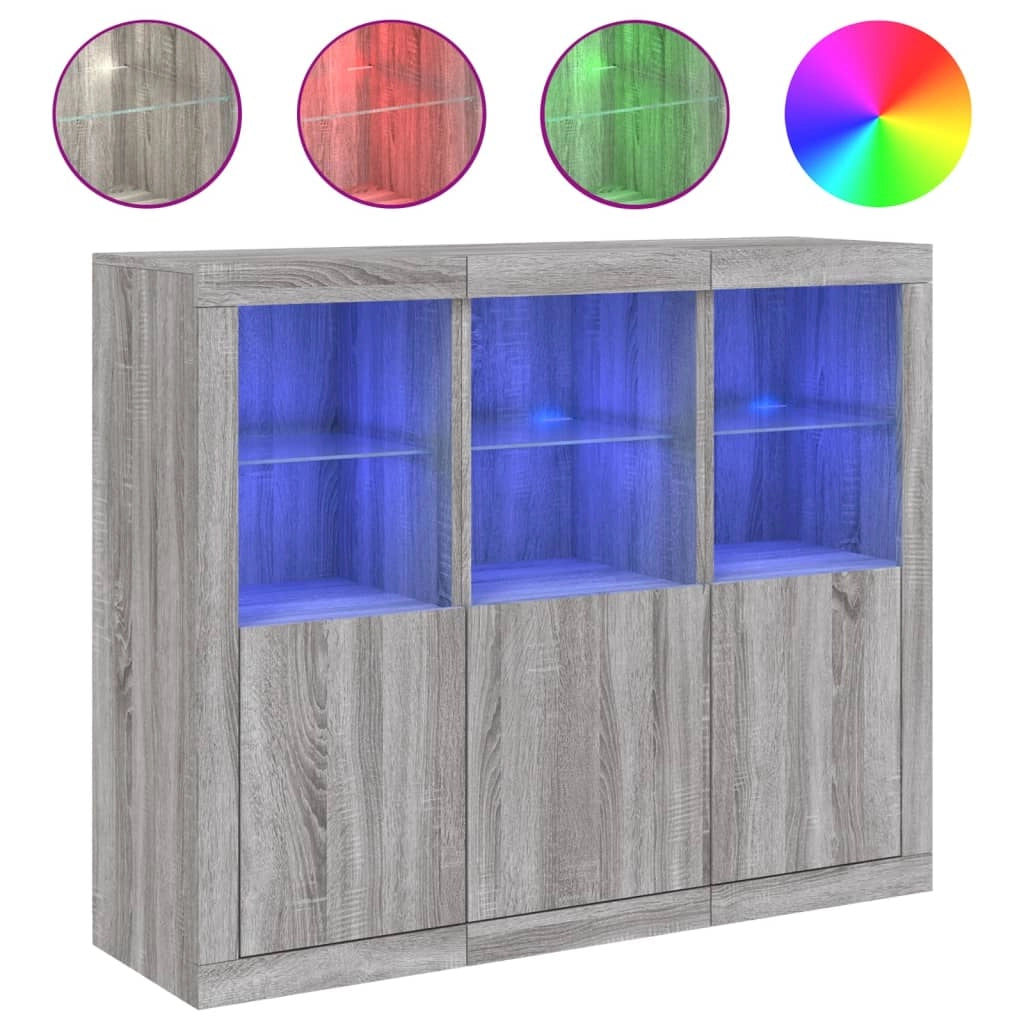 Buffet credenza cassettiera armadio mobile contenitore organizer per cucina soggiorno salotto con luci a LED 3 pezzi legno ingegnerizzato Sonoma grigio 02_0037231