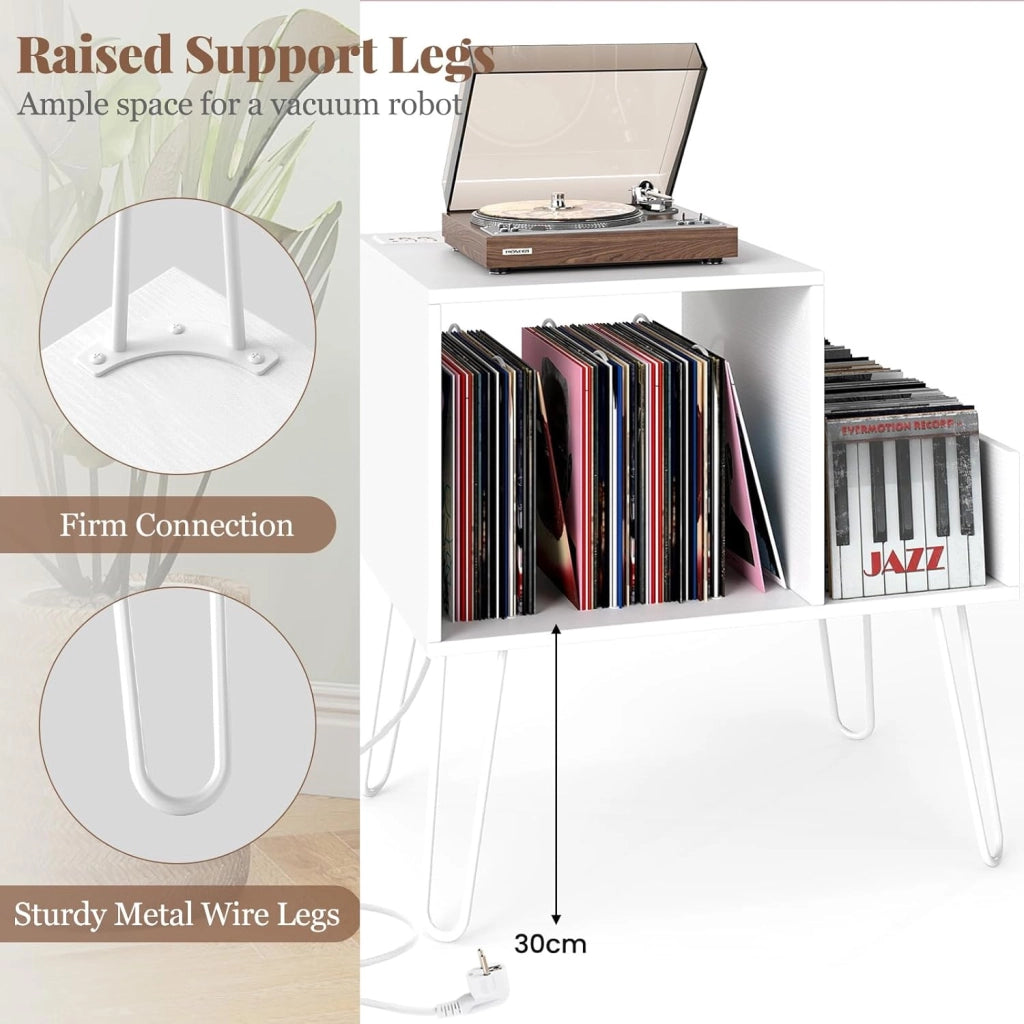 Supporto per Giradischi con Stazione di Ricarica, Porta Dischi Vinile Vintege con Pareti Divisorie e Ripiano Laterale, Espositore per Dischi in Vinile Fino a 145 Album, 66x45x67cm (Bianco)