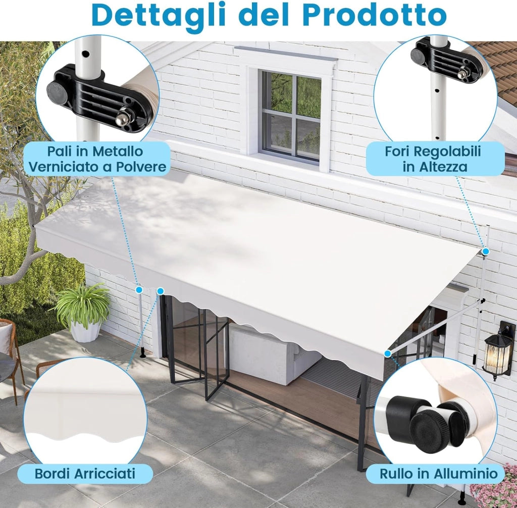 Tenda da Sole a Morsetto, Tenda per Balcone Senza Foratura Altezza e Inclinazione Regolabili con Manovella, Telo Impermeabile e Resistente ai Raggi Solari e Telaio Antiruggine (4M,Bianco)