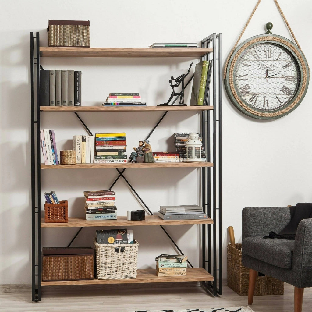 Libreria Demetria, Scaffale da ufficio, Mobile portalibri, Biblioteca, 130x35h180 cm, Quercia e Nero