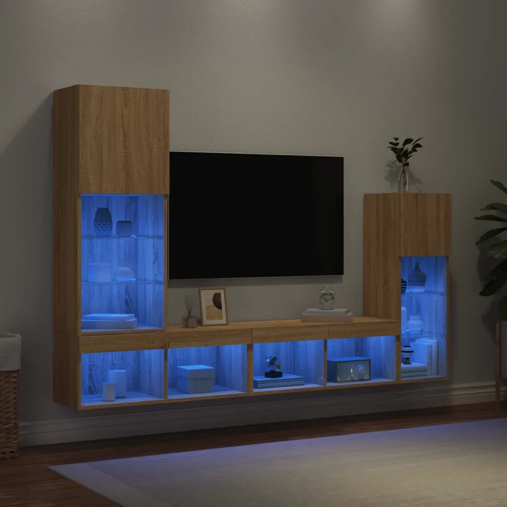 Mobili TV a Muro con LED 4pz Rovere Sonoma Legno Multistrato 3216649