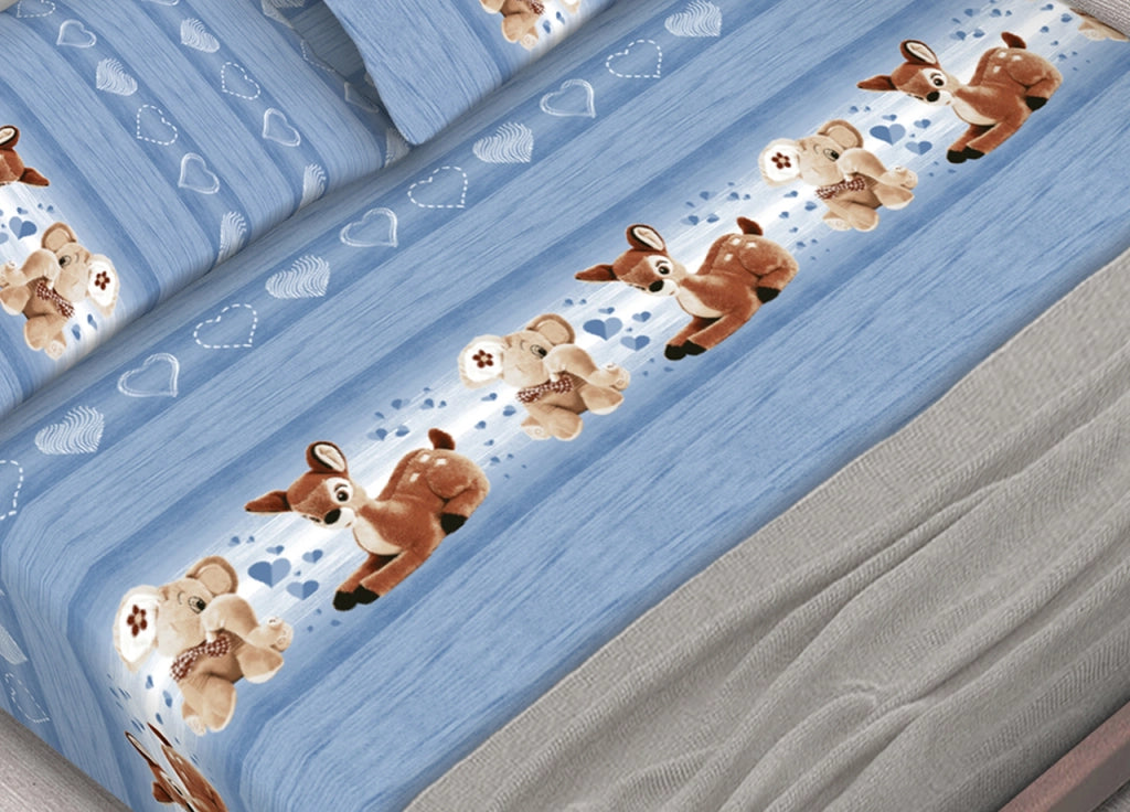 Completo Lenzuola In 100% Cotone Dis. Peluches Colore Azzurro C.N. - Singolo - Azzurro