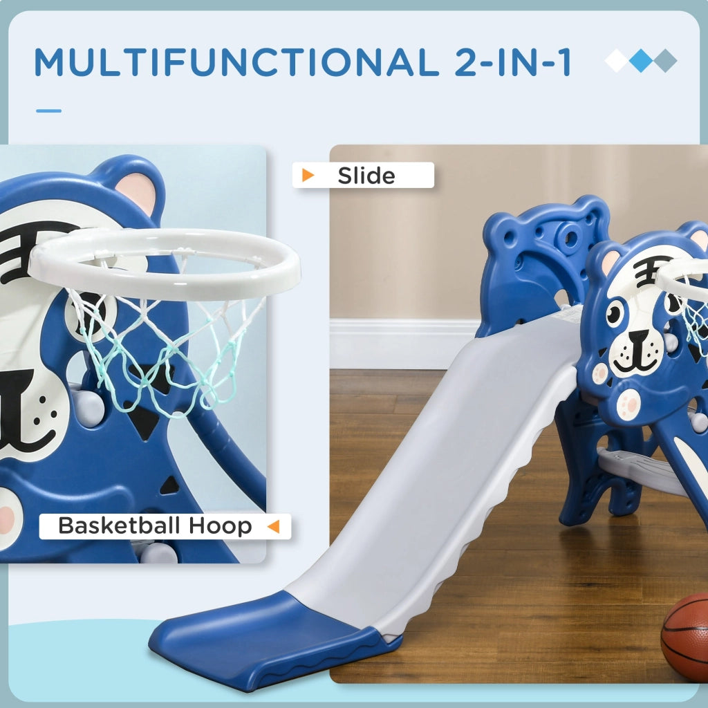 Scivolo per Bambini 133x60x70 cm con Canestro Laterale in PE Blu e Grigio