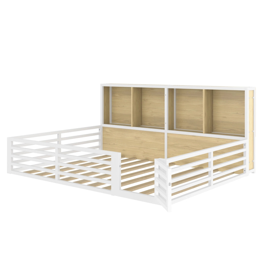 Letto 140 x 200 cm con sponda apribile; ripiani laterali e LED; MDF e metallo; bianco