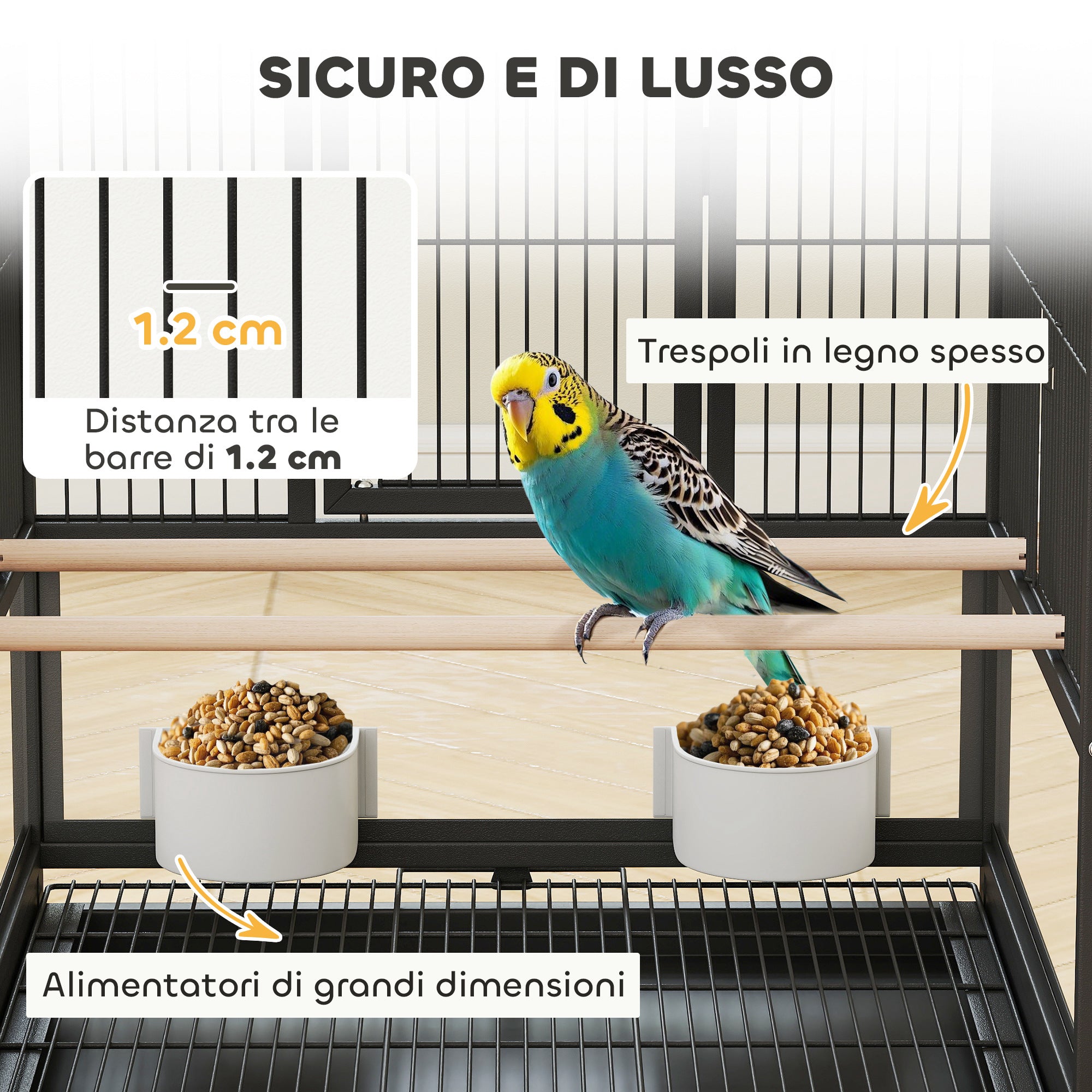 Gabbia per Uccelli 48x46x83 cm Vassoio e Griglia Rimovibili con Ripiano Portaoggetti in Acciaio e PP Nero