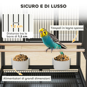 Gabbia per Uccelli 48x46x83 cm Vassoio e Griglia Rimovibili con Ripiano Portaoggetti in Acciaio e PP Nero