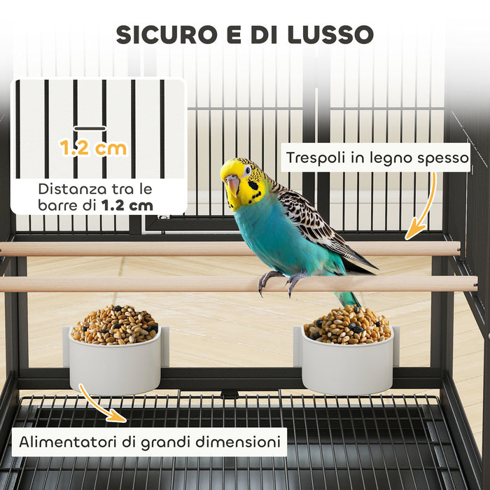 Gabbia per Uccelli 48x46x83 cm Vassoio e Griglia Rimovibili con Ripiano Portaoggetti in Acciaio e PP Nero