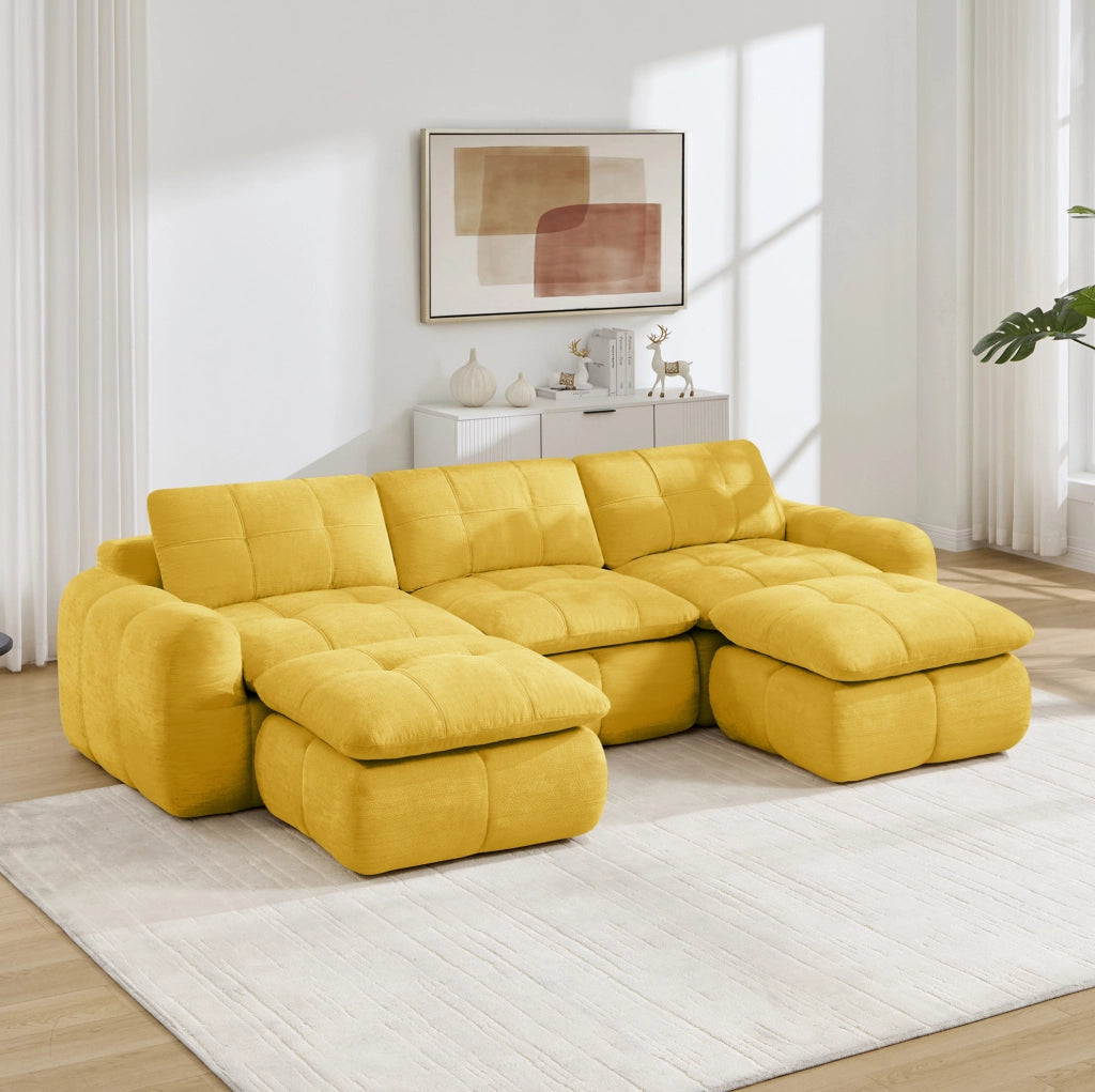 Divano modulare in chenille giallo 264x160x68 cm; design senza telaio e combinazione flessibile