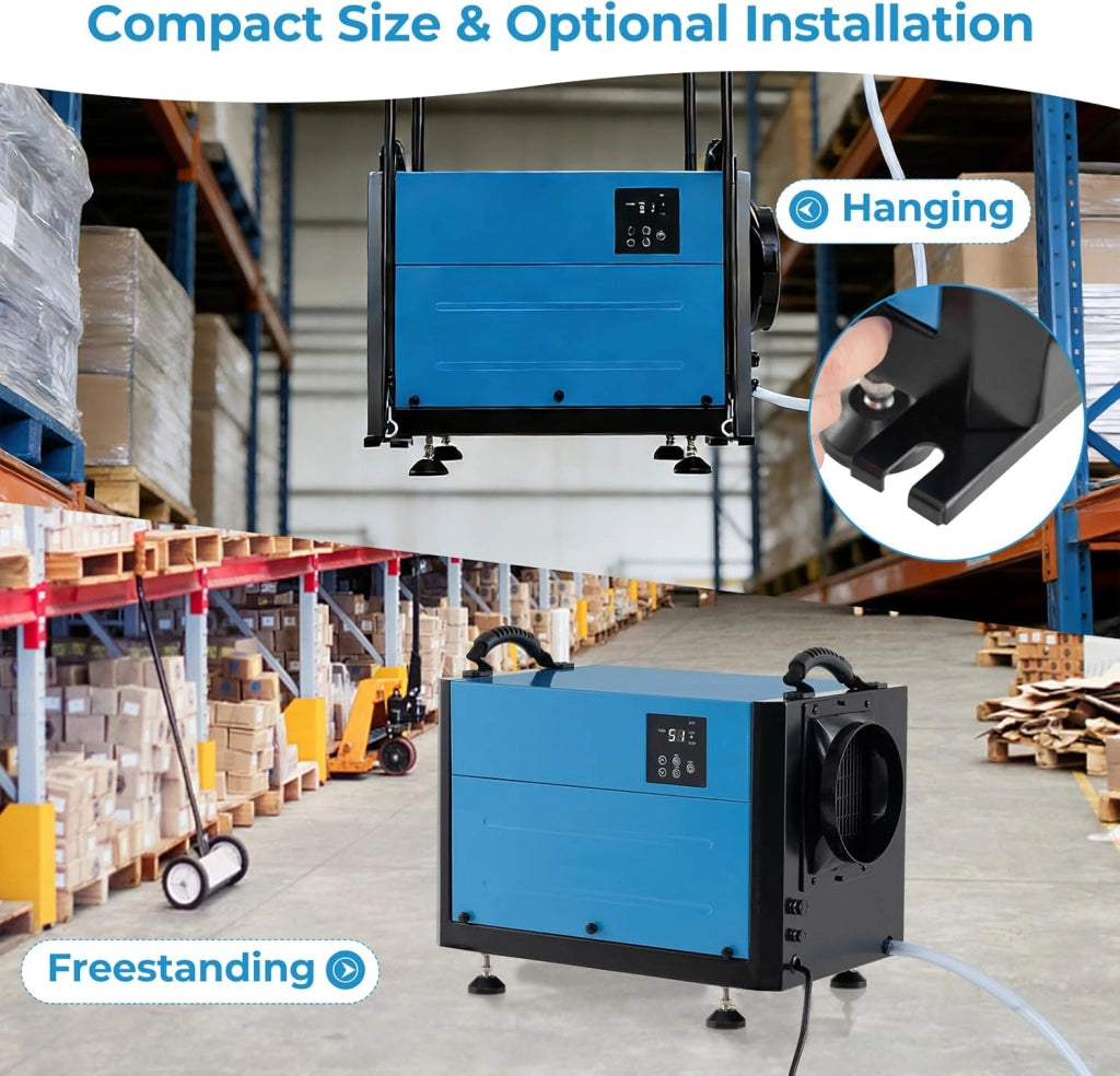 Deumidificatore Elettrico 73,5 L/Giorno, 403 m³/H, Deumidificatore Professionale 3 Modalità, Tubo di Scarico, Filtro Rimovibile, per Cantine, Magazzini, Scantinati (Blu, 58 X 38 X 36 CM)