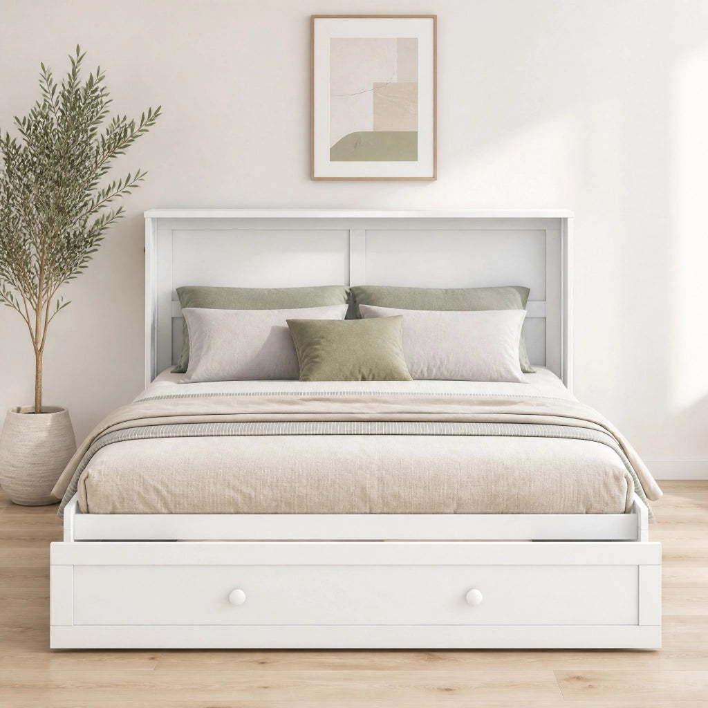 Letto a scomparsa matrimoniale 140x200 cm con cassetto e mensole; bianco