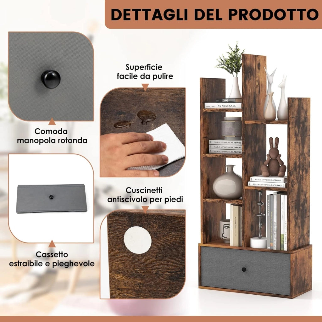 Libreria in Legno a 7 Piani, Scaffale Multifunzionale con 1 Cassetto e 7 Scomparti, Scaffale Espositivo per Soggiorno Studio Ufficio, 53x24x118 cm (Marrone, 1 cassetto)