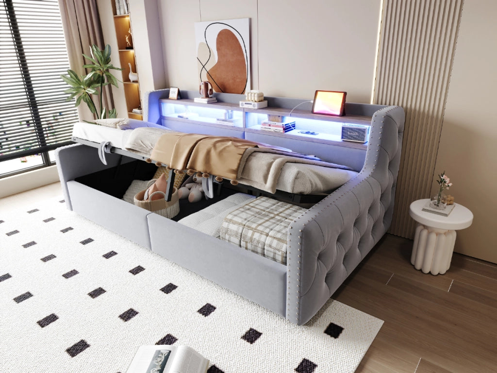 DESMIU Letto divano 90 × 200 cm 1 piazza con contenitore idraulico, LED, USB e Type-C, senza materasso, velluto grigio