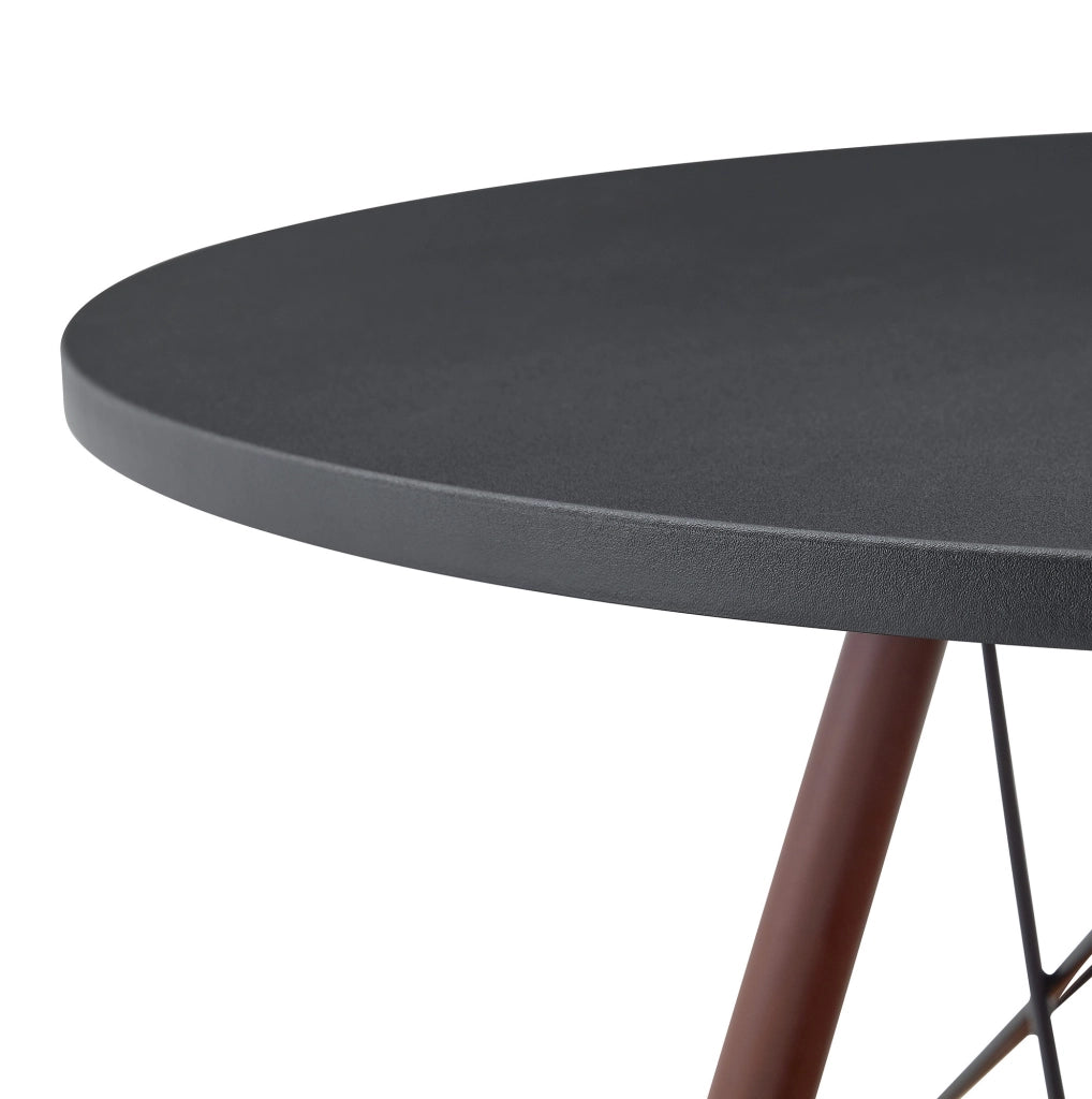 Tavolo rotondo 80 cm in MDF nero con gambe in legno massello effetto noce e cestino sospeso