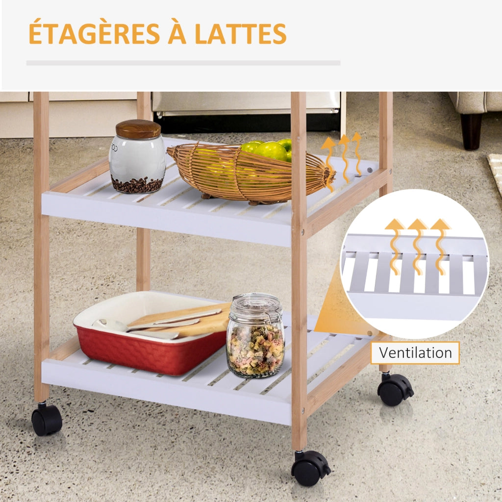 Carrello da cucina con ruote 2 ripiani + piano amovibile ¨C zephmum ¨C bianco MDF