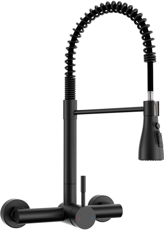 Mangiatutto con maniglia a muro (15cm di distanza dal muro) | Cucina in acciaio inox con 3 tipi di getto e 360° girevole - Miscelatore curvo per cucina, alta pressione, 45cm di altezza
