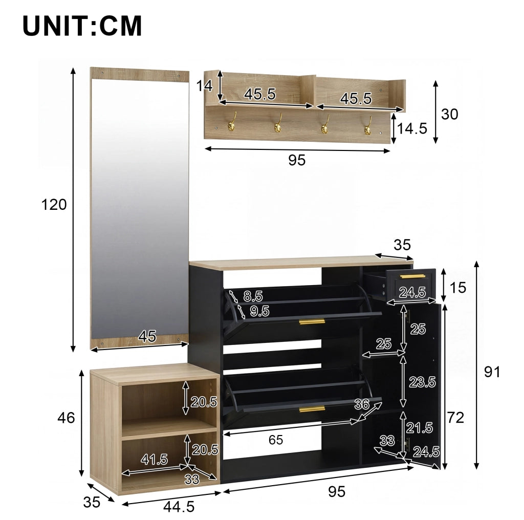 Set ingresso a 4 pezzi con scarpiera, panca, appendiabiti e specchio