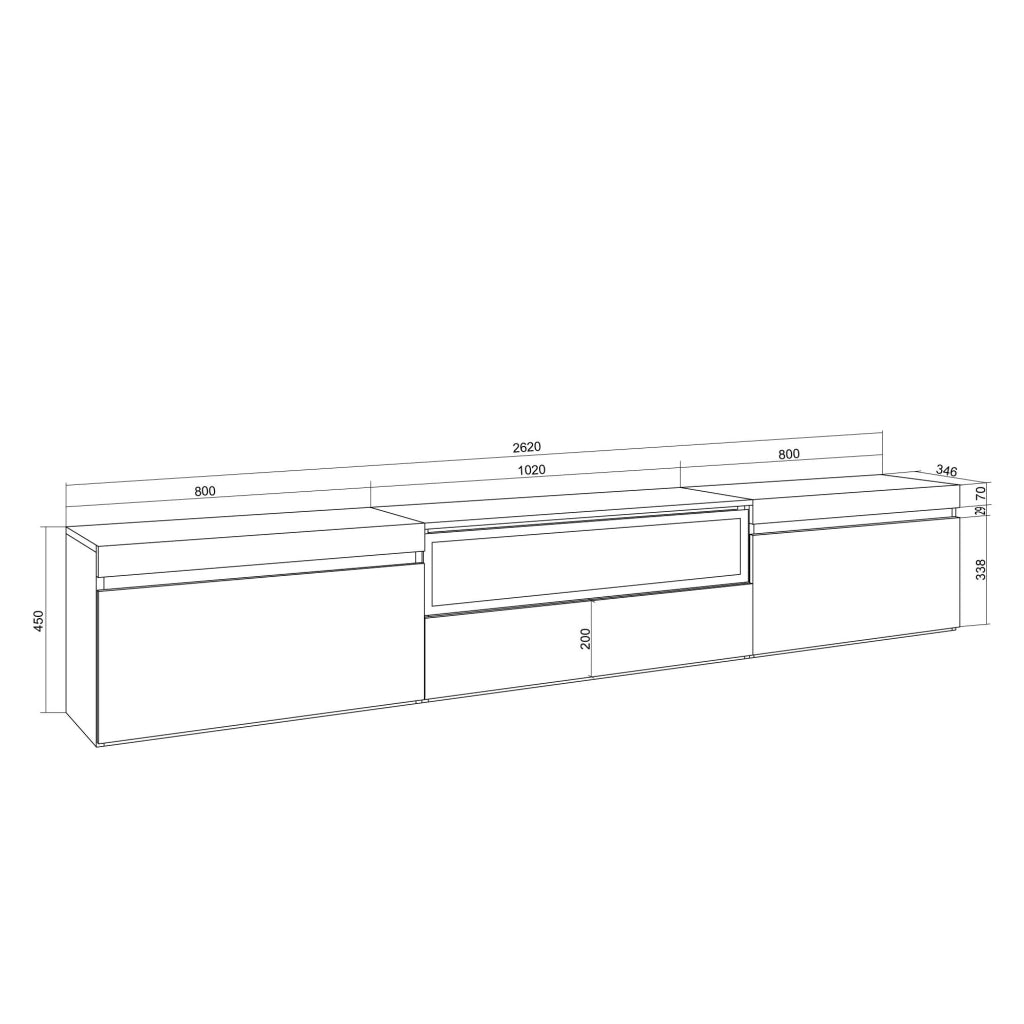Mobile TV Soggiorno, 260x45x35cm, TV di grande formato, Camino elettrico, Sospeso, da appendere, Bianco e Rovere soft