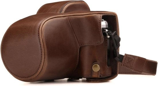Tas da camera in pelle con cinturino - adatto per fotocamere compatte - nero - pelle autentica