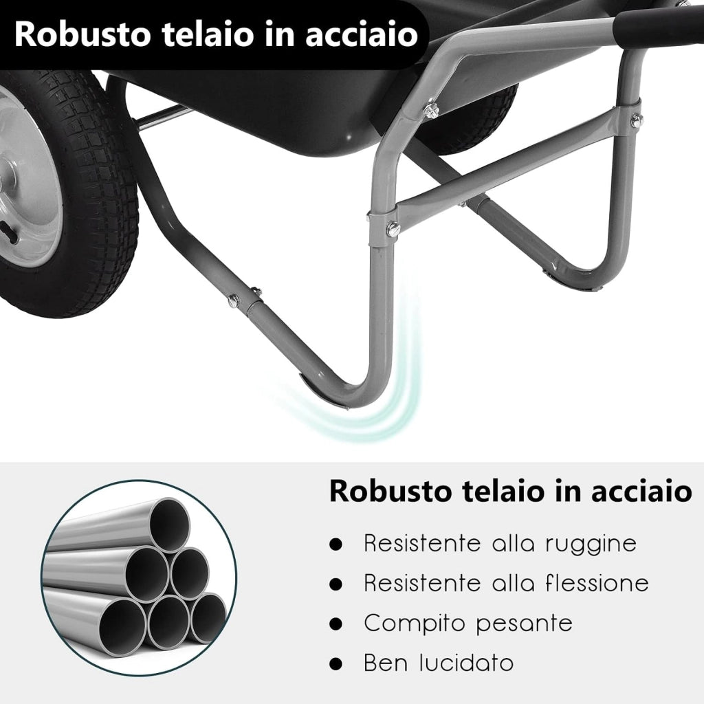 Carriola con 2 Ruote da Giardino, Carrello Resistente con Struttura in Acciaio Robusto, Ruote Pneumatiche 35,5 cm, Capacità 75L, Portata Max 100 kg (Nero)
