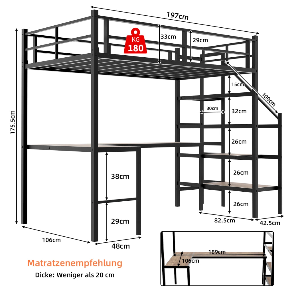 Letto a castello nero con scrivania a L funzione di stoccaggio ferro 90x190 cm