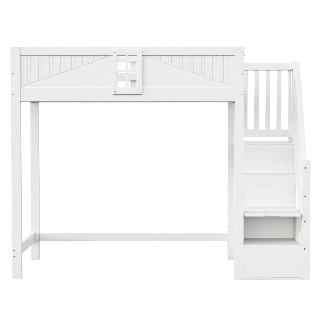 Letto a soppalco 90x200 cm con scala reversibile e vani portaoggetti in legno bianco