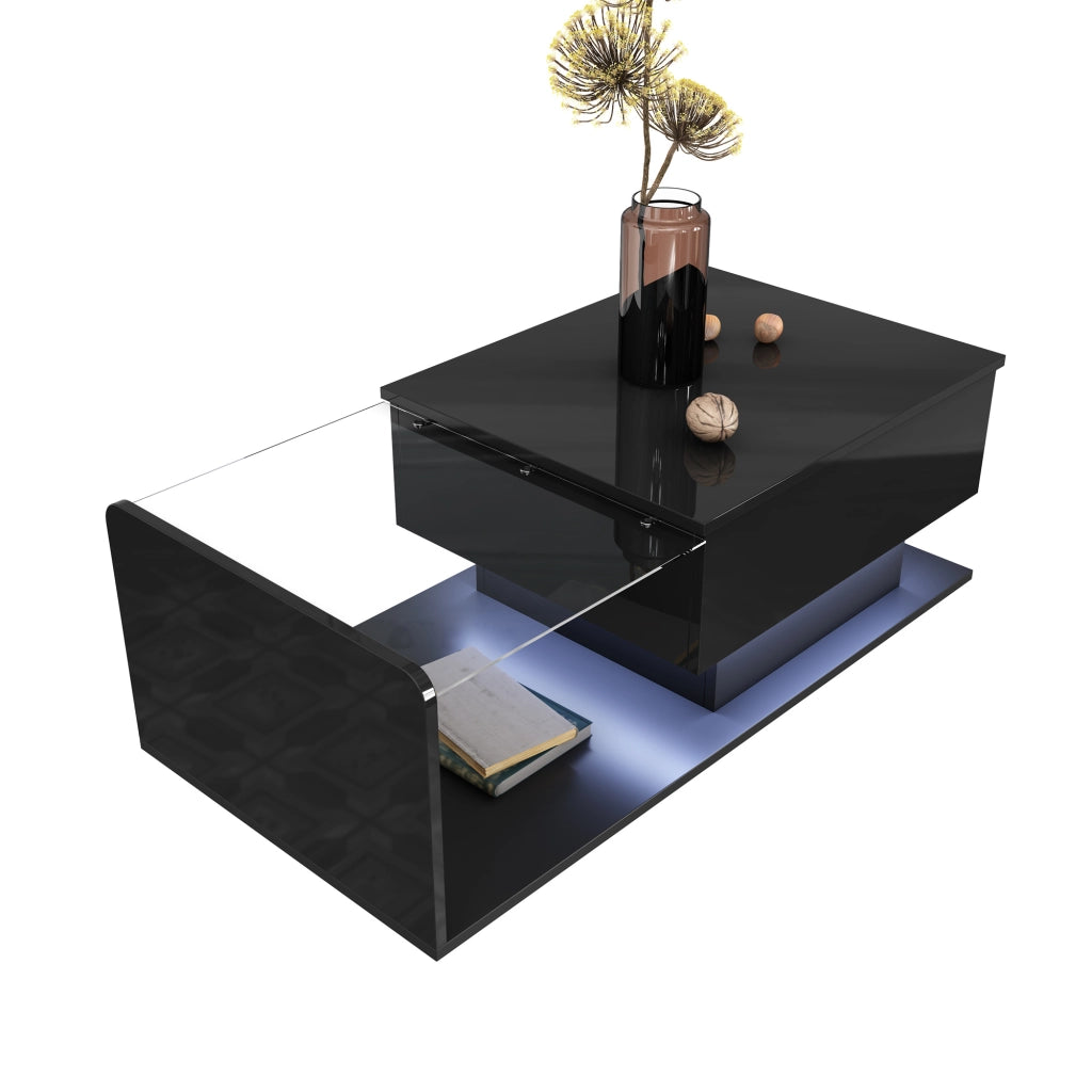 TAVOLINO DA SALOTTO ALZABILE 100x50x33/47,5 cm NERO LUCIDO CON LED