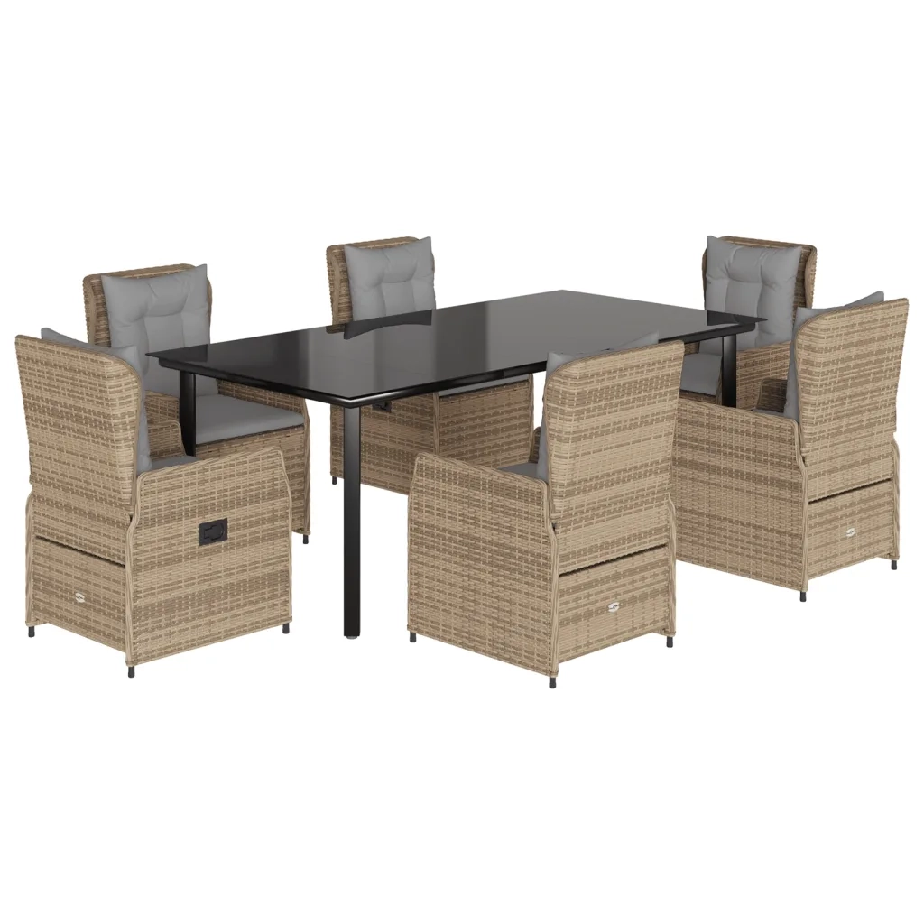 Set da Pranzo da Giardino 7 pz con Cuscini Beige in Polyrattan