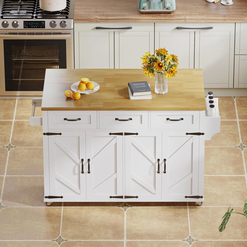 Isola da cucina pieghevole 140x43(70)x90,5 cm con 4 porte, 3 cassetti, rotelle bloccabili, bianco/naturale