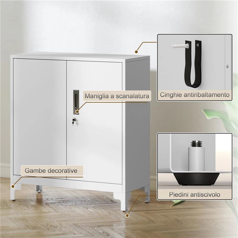 MOBILE DA UFFICIO PORTADOCUMENTI CON 3 RIPIANI, 2 ANTE E CHIAVI, 80X35X91 CM, BIANCO