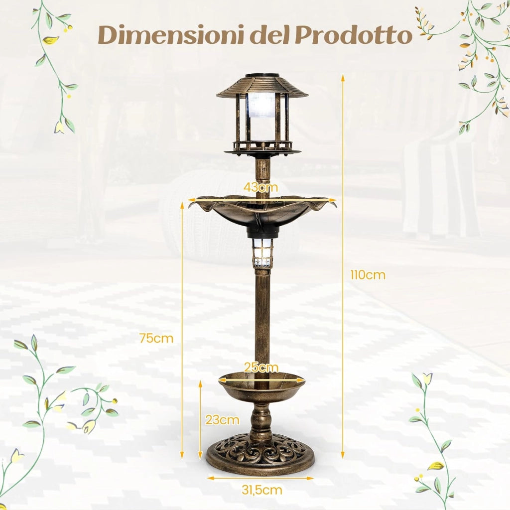 Vasca per Uccelli da Giardino a Energia Solare, Abbeveratoio e Mangiatoia per Uccelli da Esterno con 2 Lampade a Energia Solare, Fioriera e Supporto Riempibile(Bronzo Antico, 43 x 43 x 110 cm)