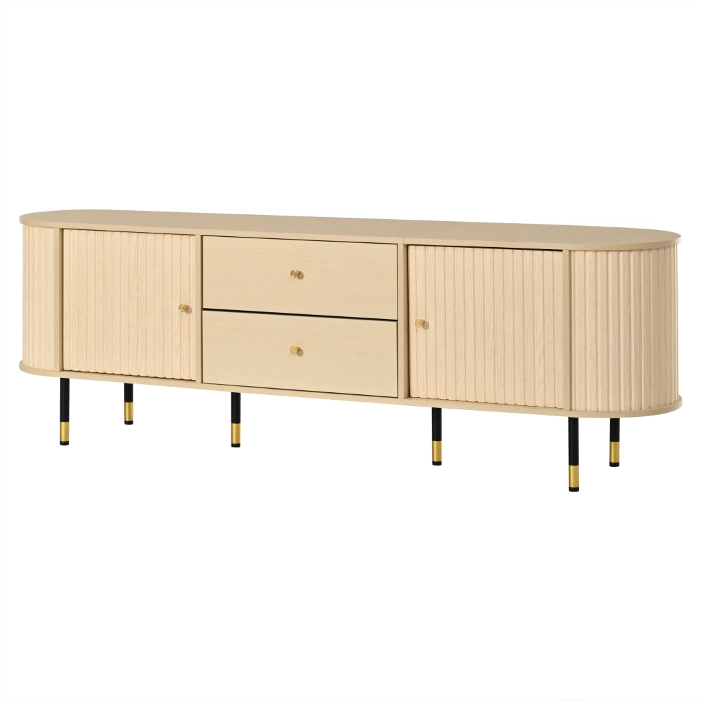 Mobile TV Lowboard 180x40x58 cm in effetto legno naturale, con 2 cassetti, 2 ante scorrevoli, gestione cavi e struttura robusta