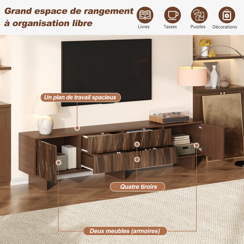 Mobile porta TV con 4 cassetti e 2 ante, design ondulato, per soggiorno, in truciolato, noce scuro, 180 × 40 × 56 cm