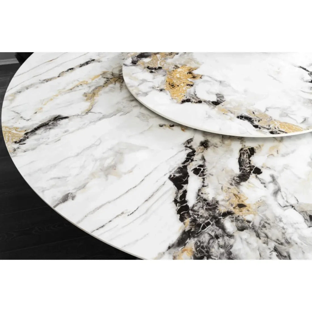 Table AXYA – Rotonda 150 cm – Piano in ceramica e vetro temperato effetto marmo bianco con piano superiore rotante