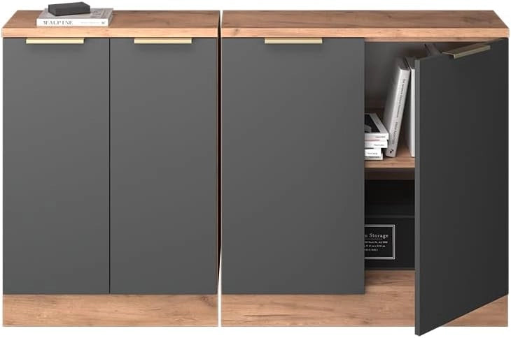 Set di mobili sottotetto Rion, Antracite-oro, 140 cm Set di 2 carcasse armadio profondità 60 cm, adatto per il salvaspazio sotto tetti spioventi