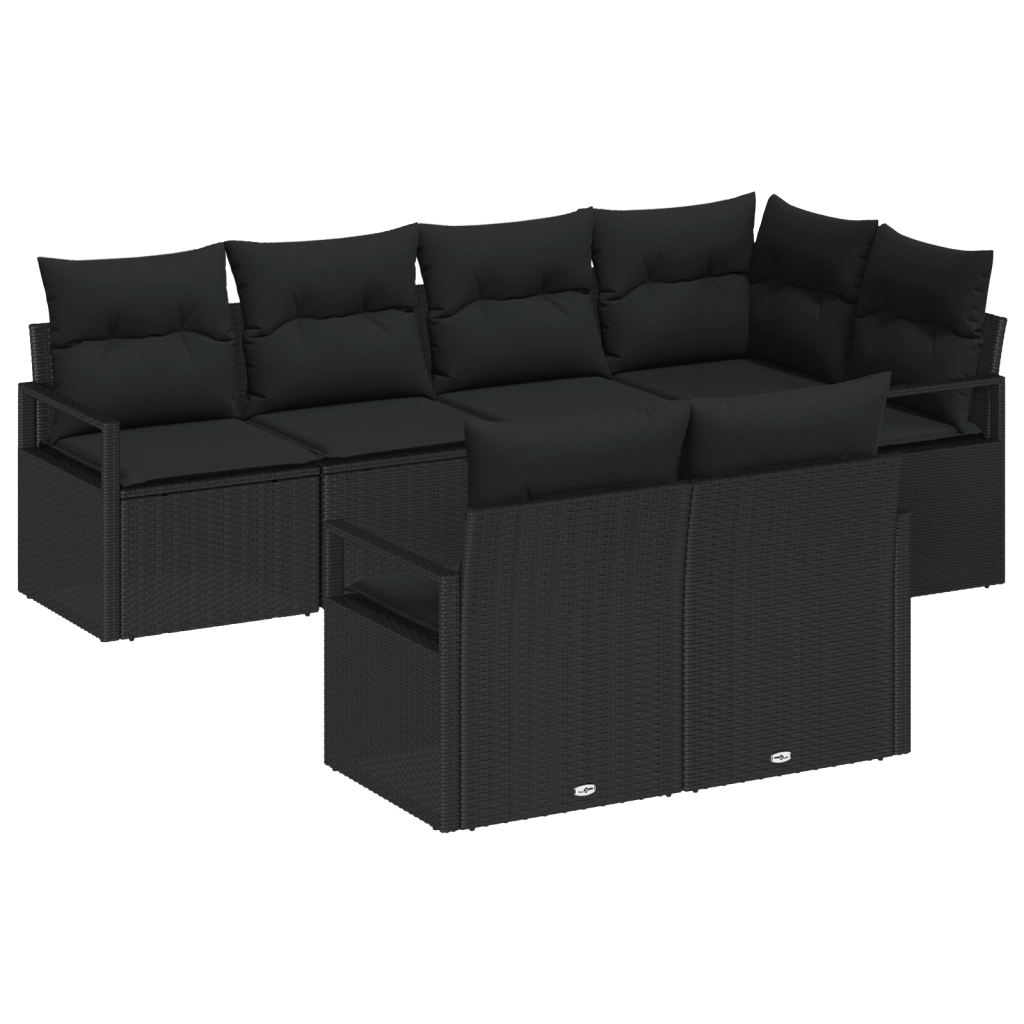 Set Divano da Giardino 7 Pezzi con Cuscini Nero Polyrattan