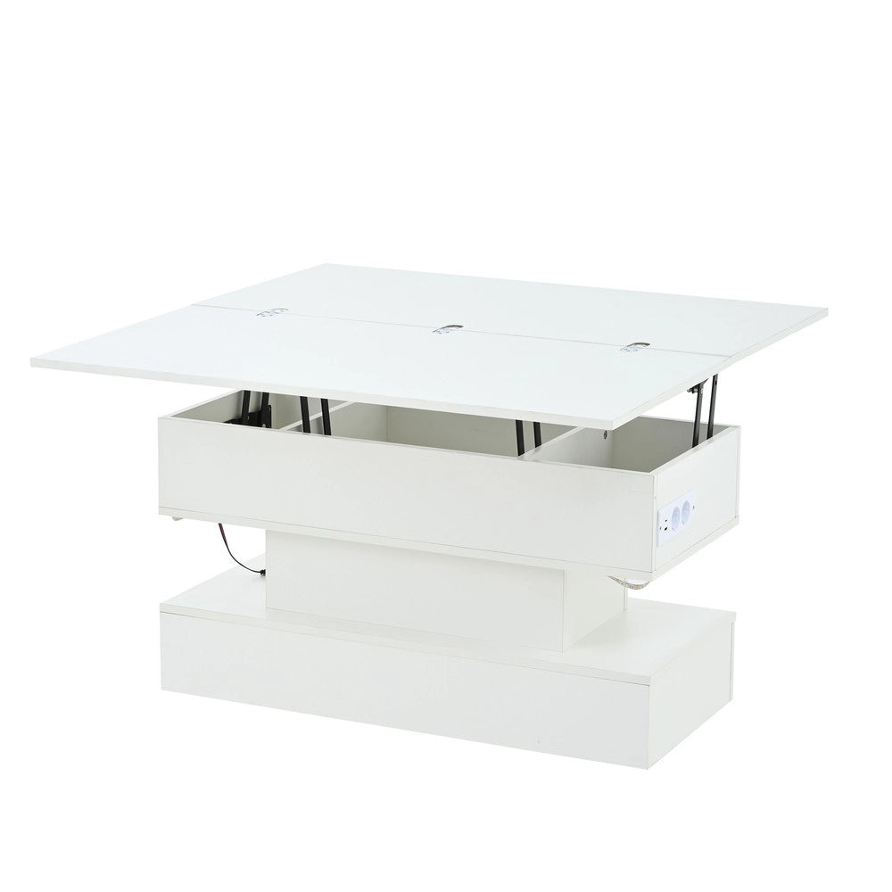 Tavolino da Caff¨¨ con LED e Presa USB ¨C MINIMAL ¨C Bianco, Piano Alzabile, 100x50x51.5