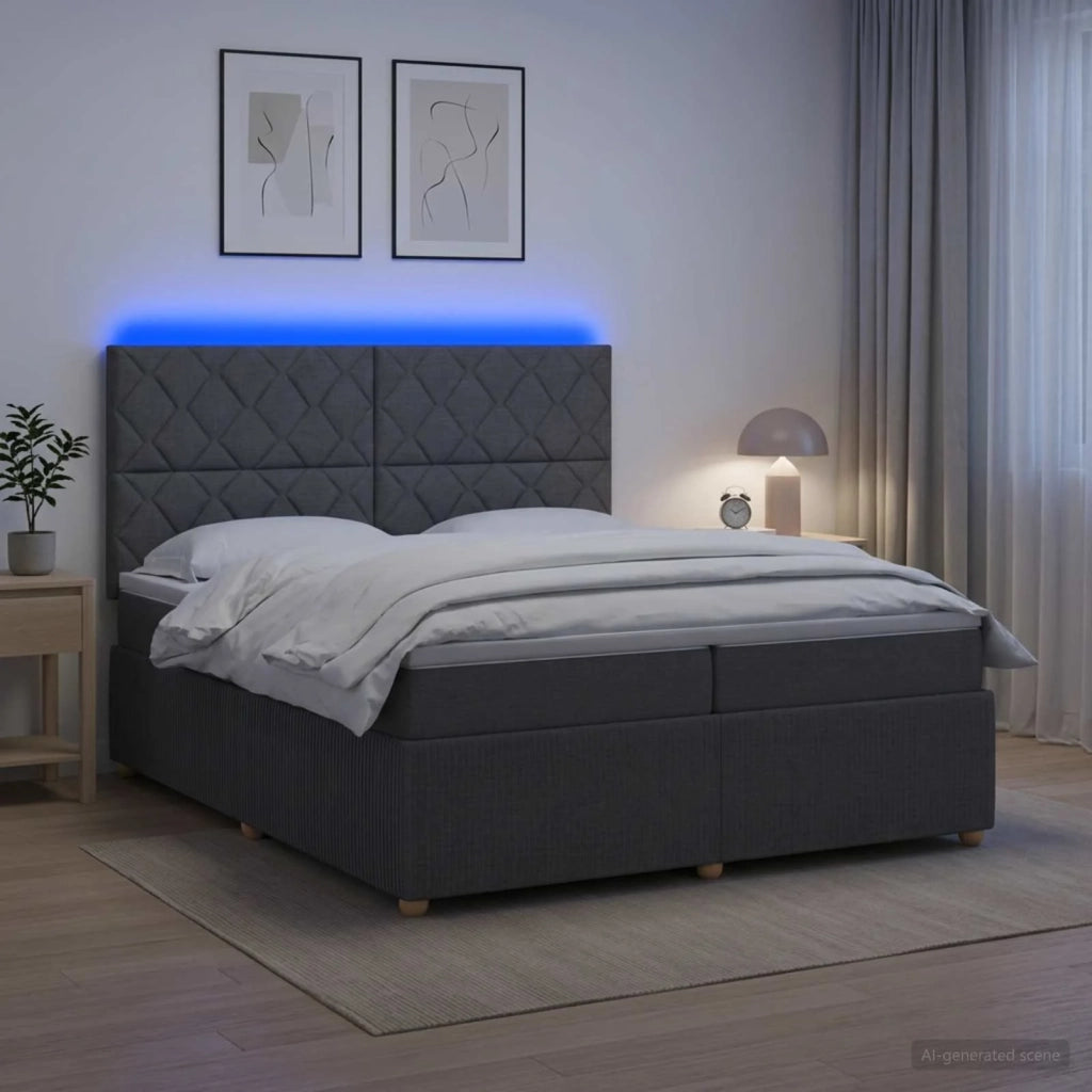 Letto Box Spring LED con Materasso Grigio Scuro 200 x 200 cm 3455945