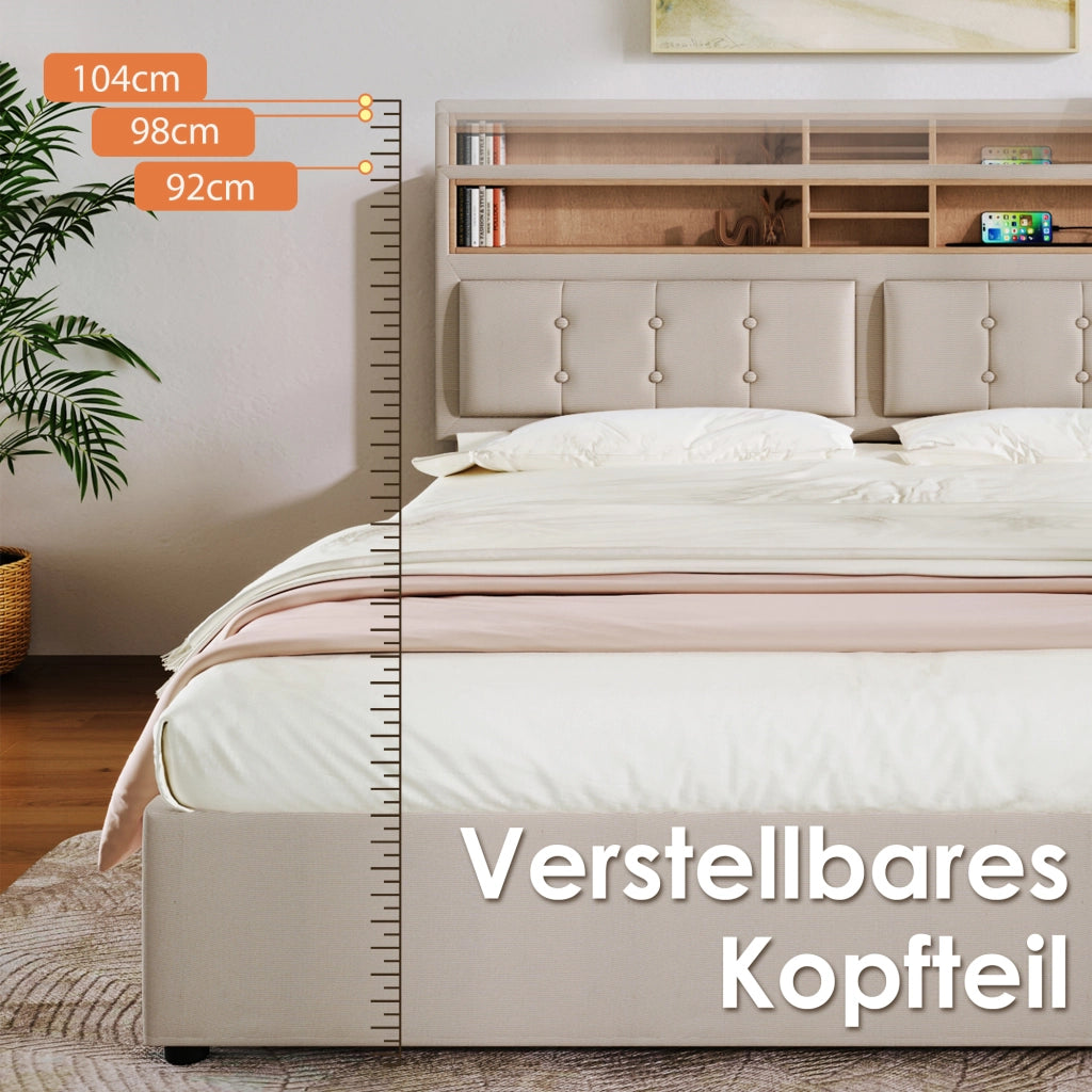 OKWISH Letto con Cassetti Letto Matrimoniale, 4 Cassetti, USB, Tipo C e Prese, 140×200 cm, senza Materasso, in Lino, Beige