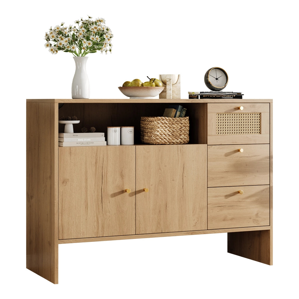 Credenza con 2 Ante e 3 Cassetti in Legno con Rattan ¨C MINIMAL ¨C 105x40x76