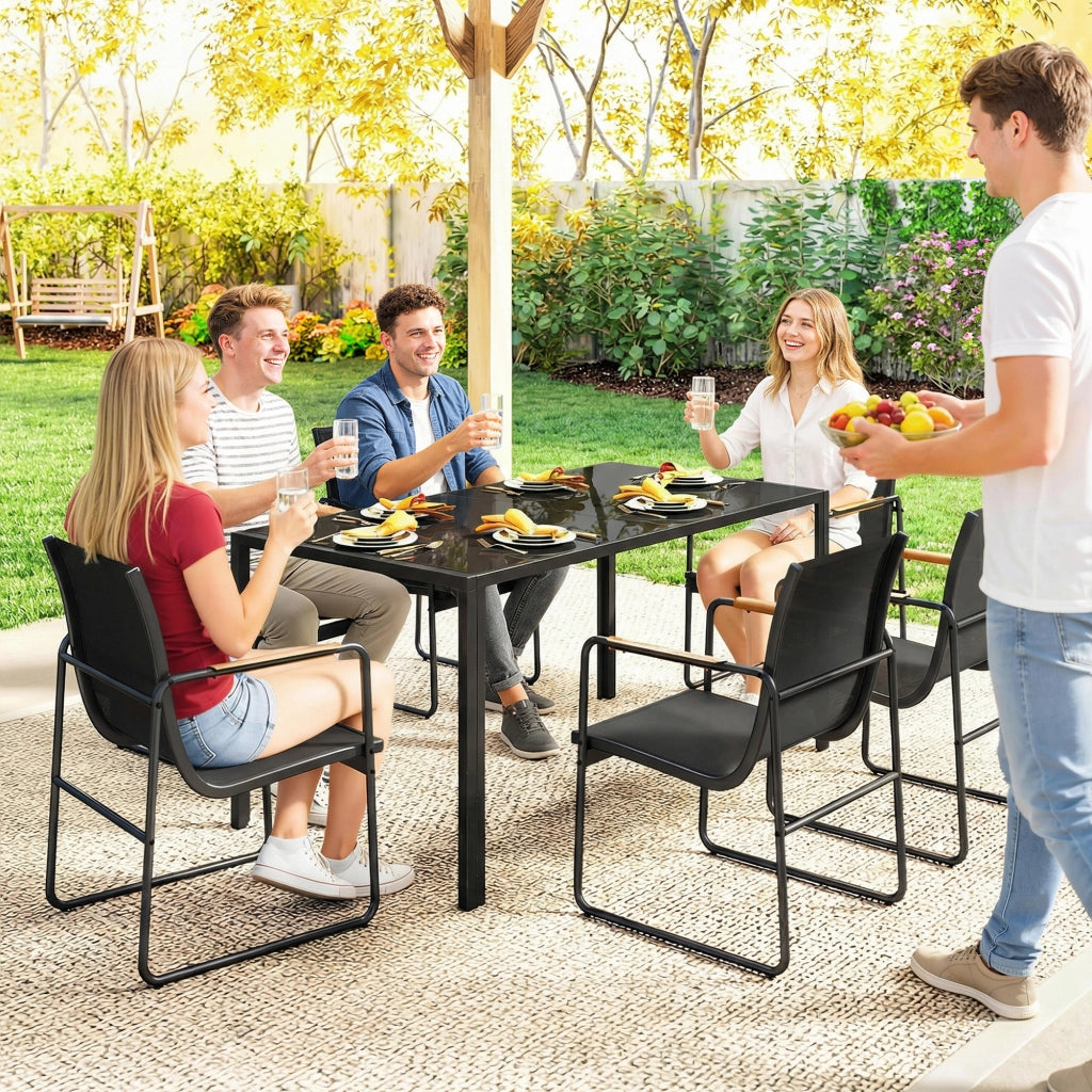 Set 7 Pezzi con Tavolo 150x80x73 cm e 6 Sedie da Giardino con Braccioli in Acciaio e Vetro Nero